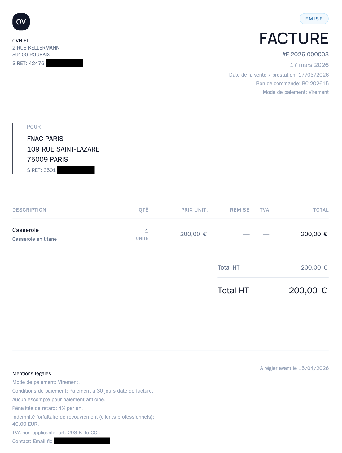 Exemple de facture auto-entrepreneur pour prestation de service générée avec FluxMicro