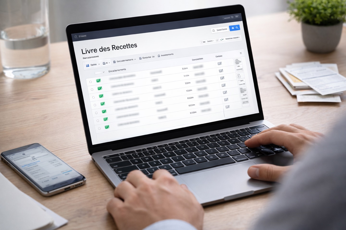 Exemple de livre des recettes numérique sur ordinateur portable avec encaissements et justificatifs pour auto-entrepreneur