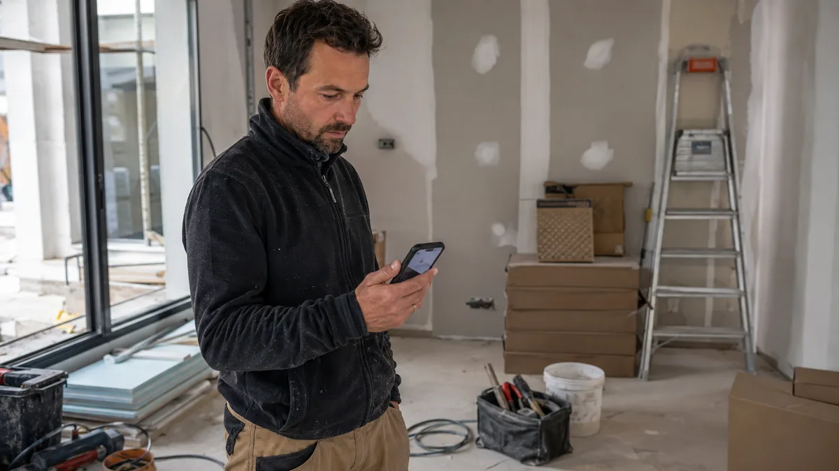 Artisan du bâtiment consultant une facture fournisseur dématérialisée sur son téléphone, au milieu de son matériel de chantier