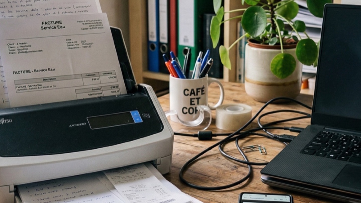 Scanner de documents, ordinateur et facture numérisée sur un bureau