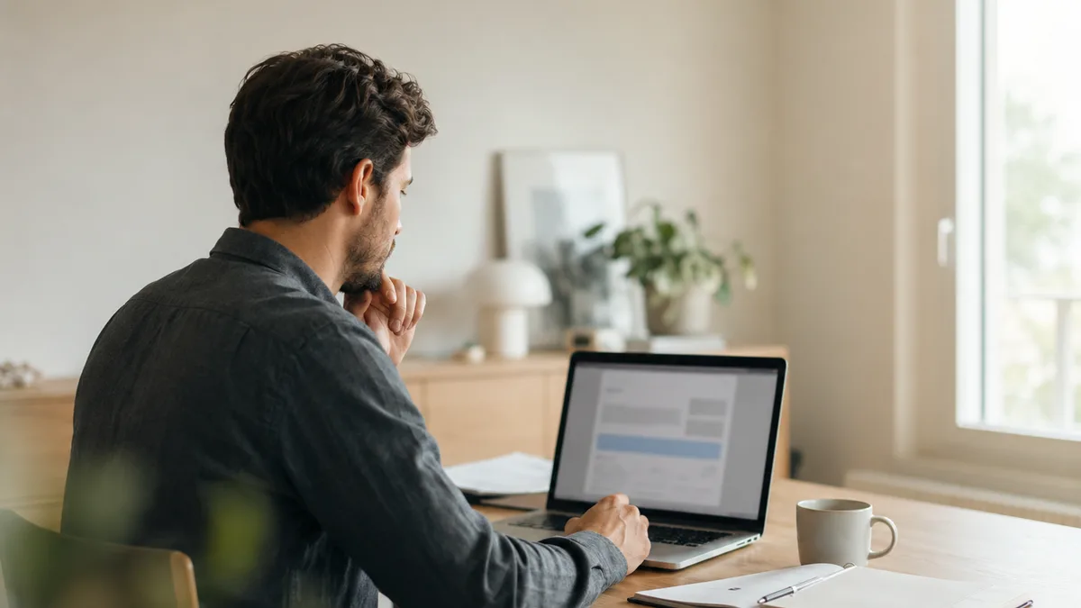 Auto-entrepreneur consultant sur son ordinateur portable une facture reçue au format électronique, à son bureau à domicile