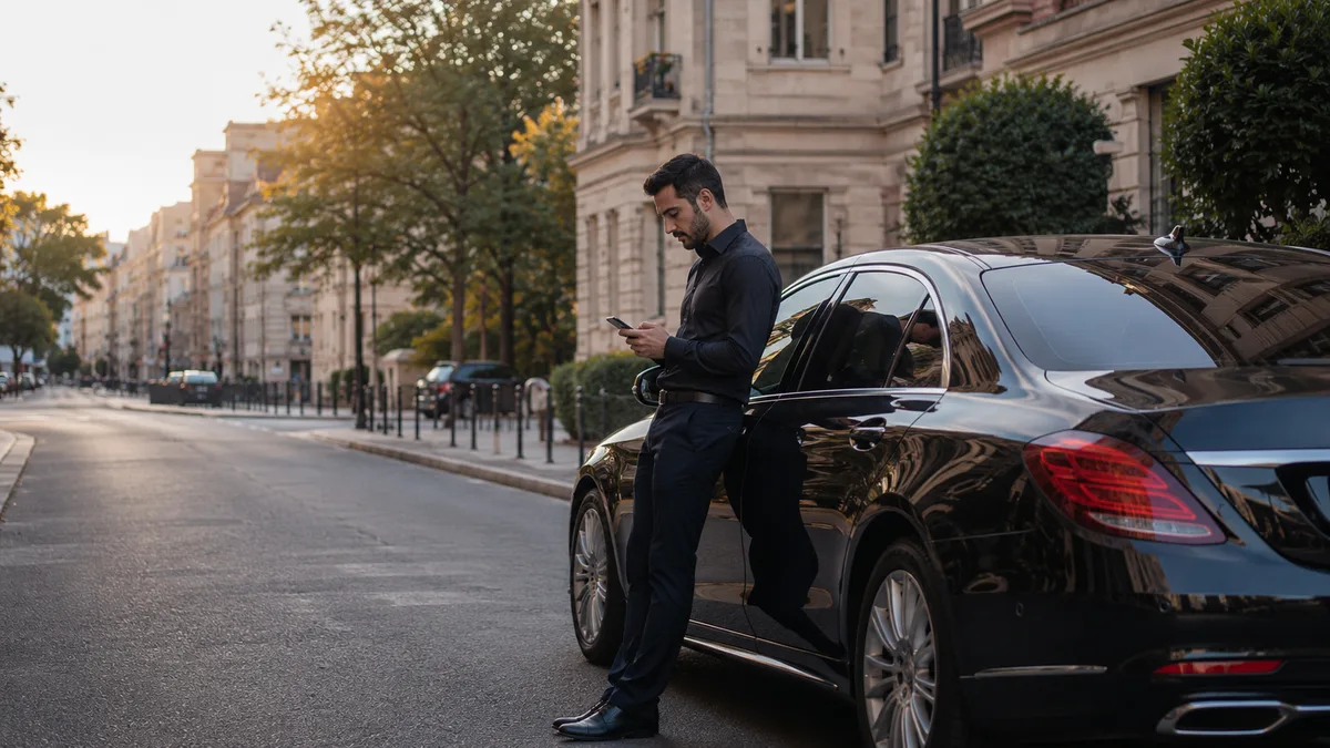 Chauffeur VTC consultant son téléphone, adossé à sa berline garée dans une rue en fin de journée