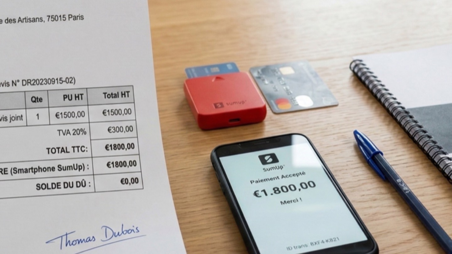 Facture d'acompte, smartphone de paiement et devis de travaux posés sur une table