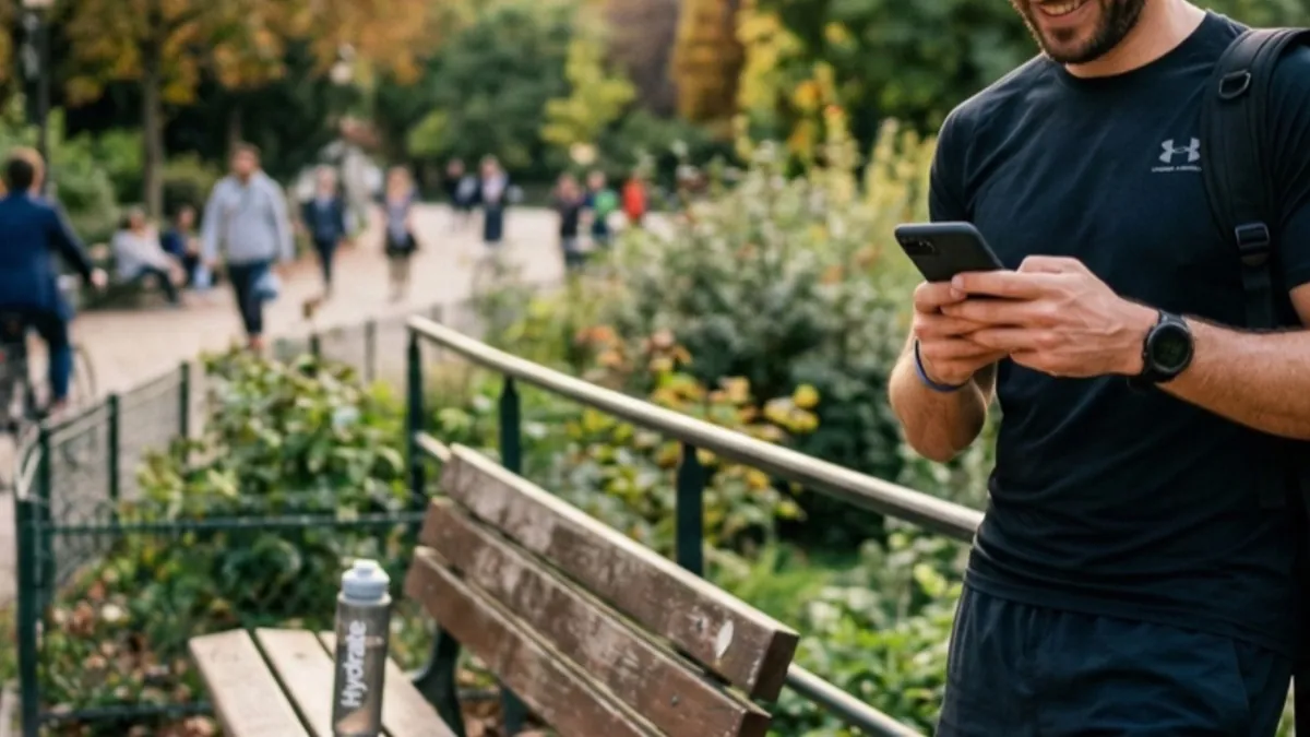 Coach sportif indépendant consultant son téléphone après une séance dans un parc
