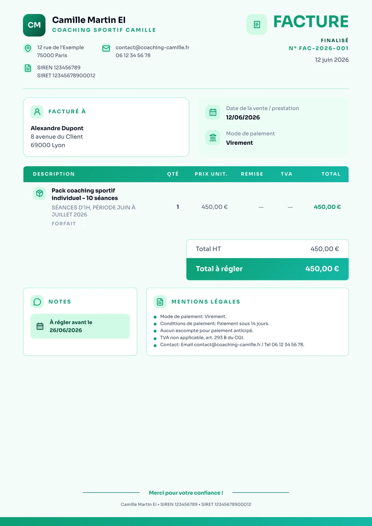 Exemple de facture coach sportif auto-entrepreneur générée avec le template FluxMicro