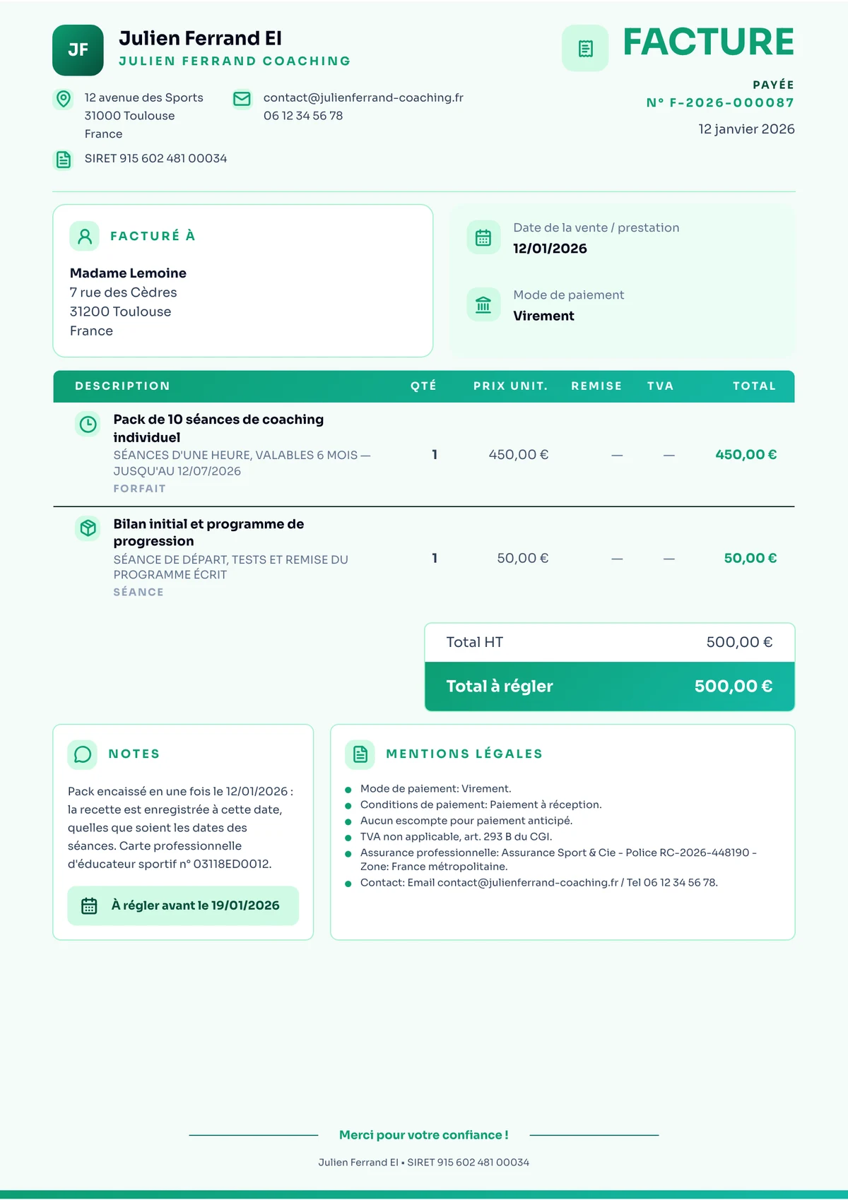 Facture de coach sportif remplie pour un pack de 10 séances de coaching individuel à 450 € et un bilan initial à 50 €, avec la mention de l'assurance de responsabilité civile professionnelle et la date d'encaissement du pack