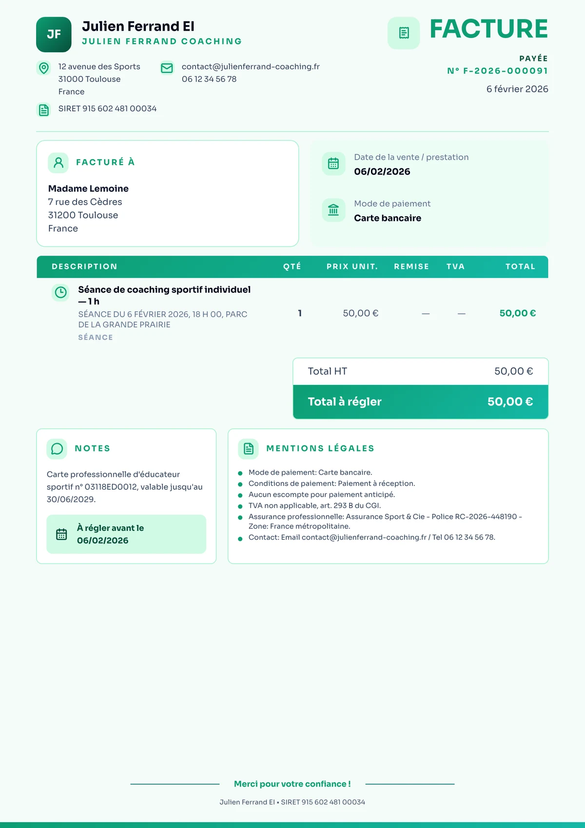 Facture de coach sportif auto-entrepreneur remplie pour une séance individuelle d'une heure à 50 €, avec la date de prestation, la mention TVA non applicable art. 293 B du CGI et le numéro de carte professionnelle d'éducateur sportif