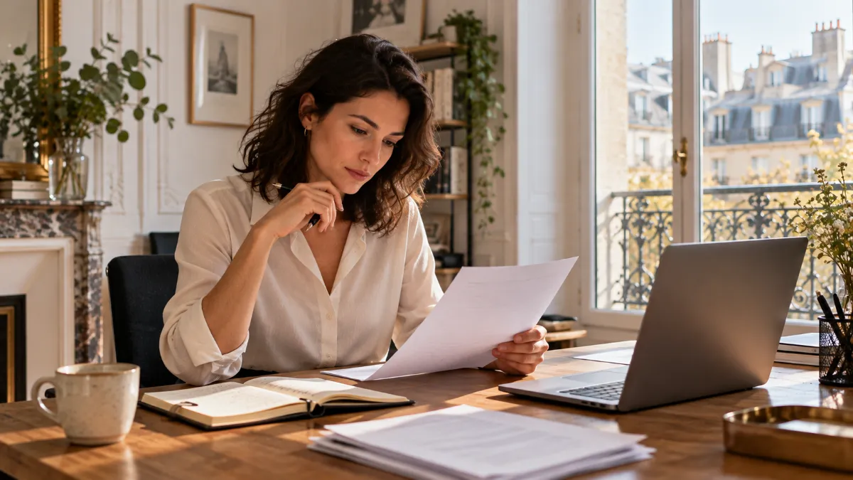 Consultante indépendante vérifiant une facture imprimée à son bureau, tasse de café et agenda ouvert à côté