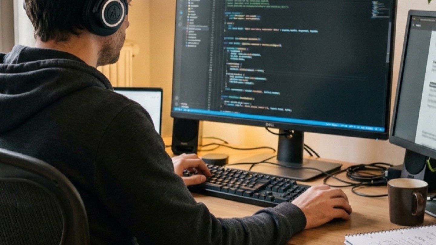 Développeur freelance devant ses écrans avec facture affichée sur son poste de travail