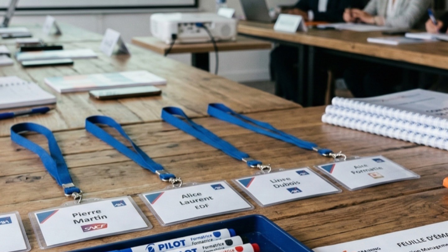 Salle de formation avec feuilles d'émargement, badges et supports de cours
