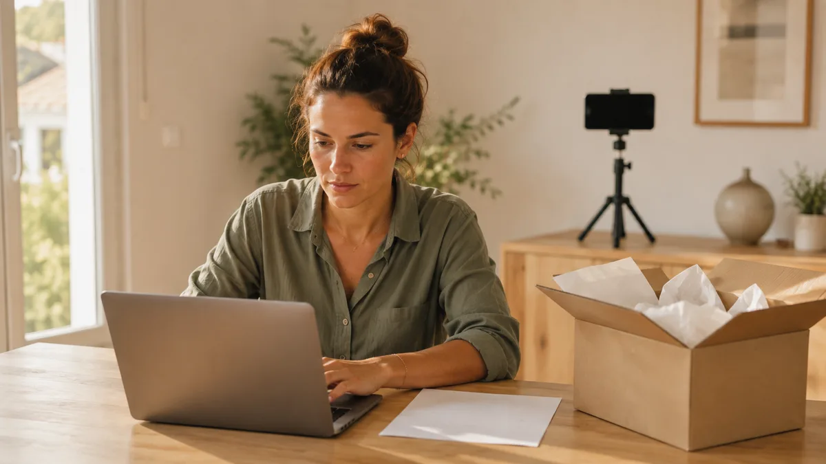 Créatrice de contenu préparant sa facture sur son ordinateur portable, carton de produits reçu à côté
