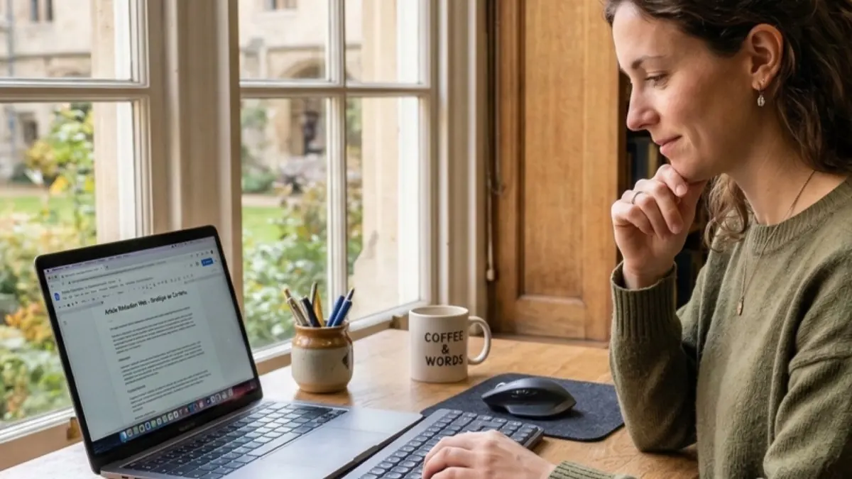 Rédactrice web freelance travaillant sur un article depuis une table près d'une fenêtre