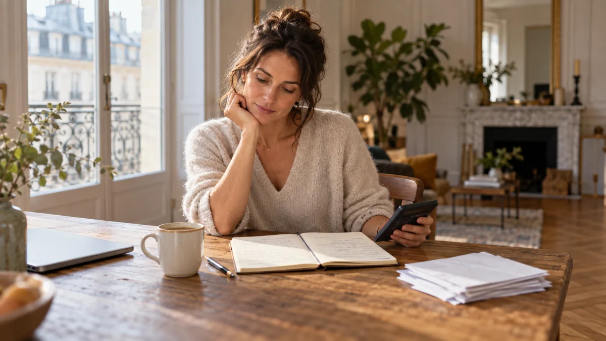 Indépendante pensive à une table en bois, carnet ouvert et factures d'achat à côté, dans un appartement lumineux