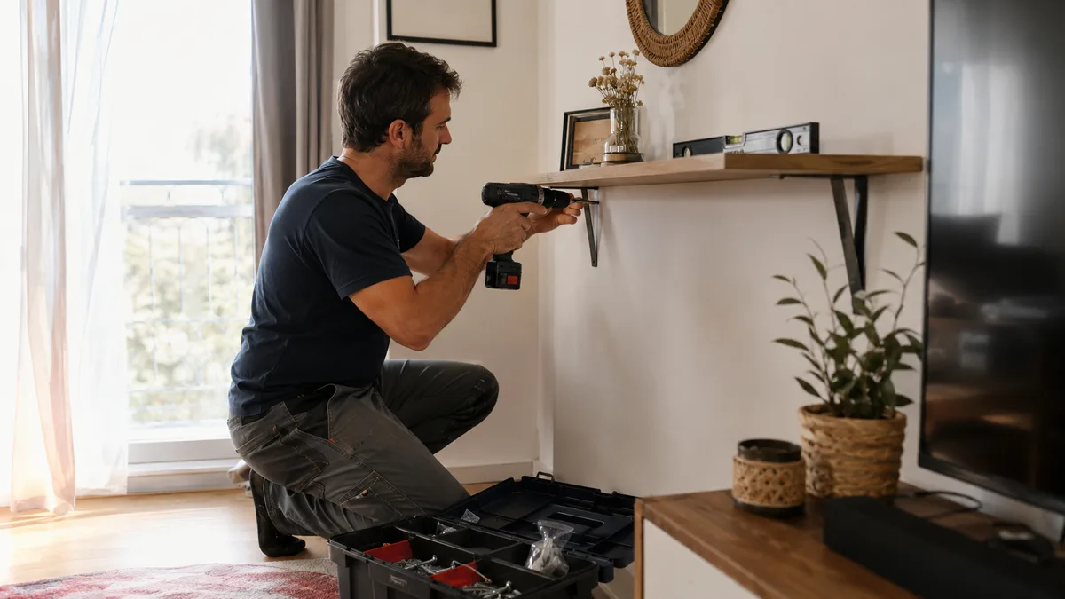Homme toutes mains auto-entrepreneur fixant une étagère chez un particulier, caisse à outils ouverte au sol