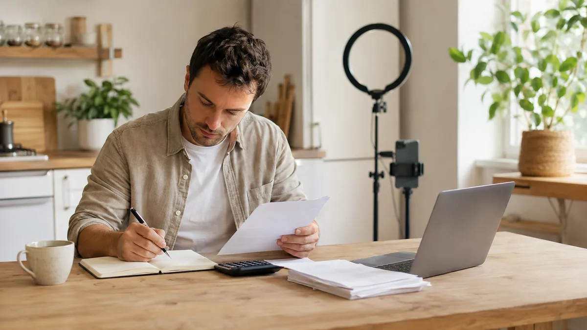 Créateur de contenu triant ses justificatifs à la table de sa cuisine, calculatrice et carnet ouverts