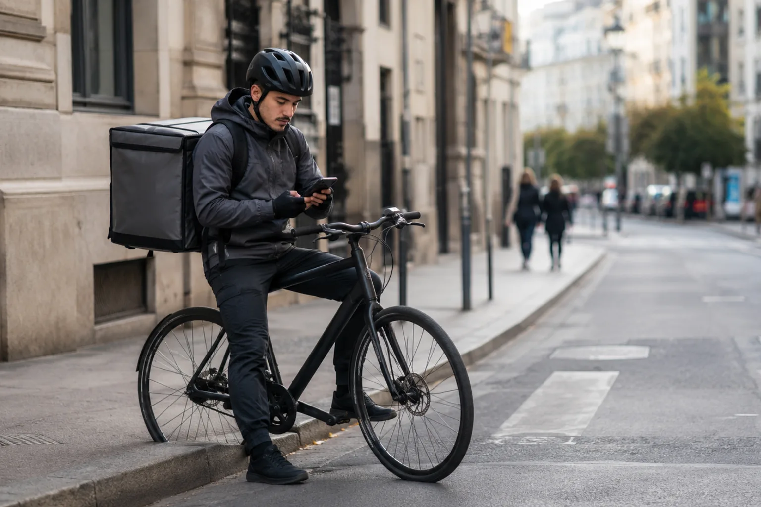 Livreur à vélo avec un sac isotherme sur le dos, en ville, consultant son téléphone