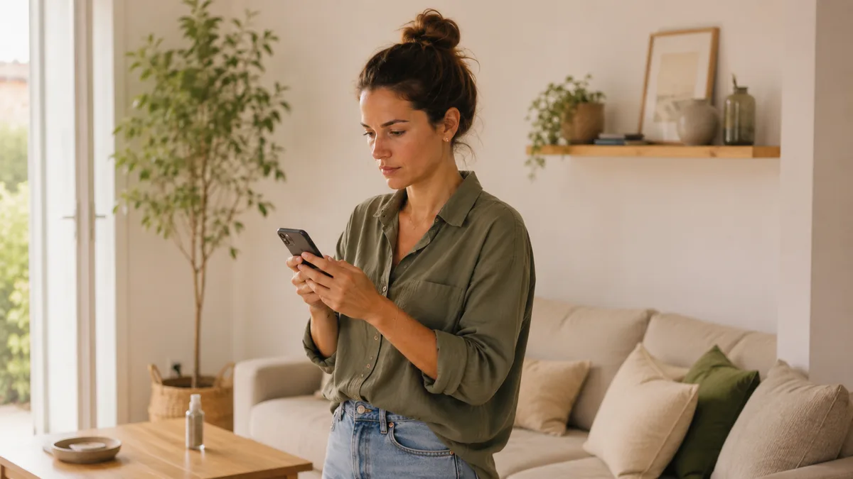 Créatrice de contenu relisant sa publication sponsorisée sur son téléphone avant de la publier