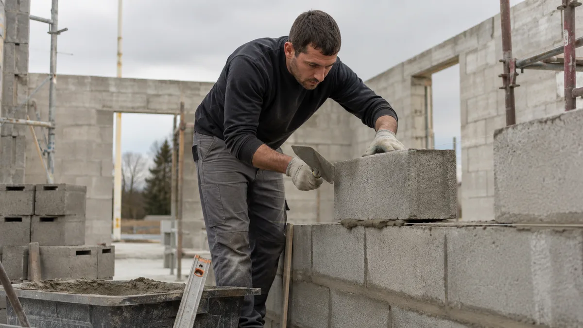 Maçon auto-entrepreneur montant un mur en parpaings sur un chantier de gros œuvre