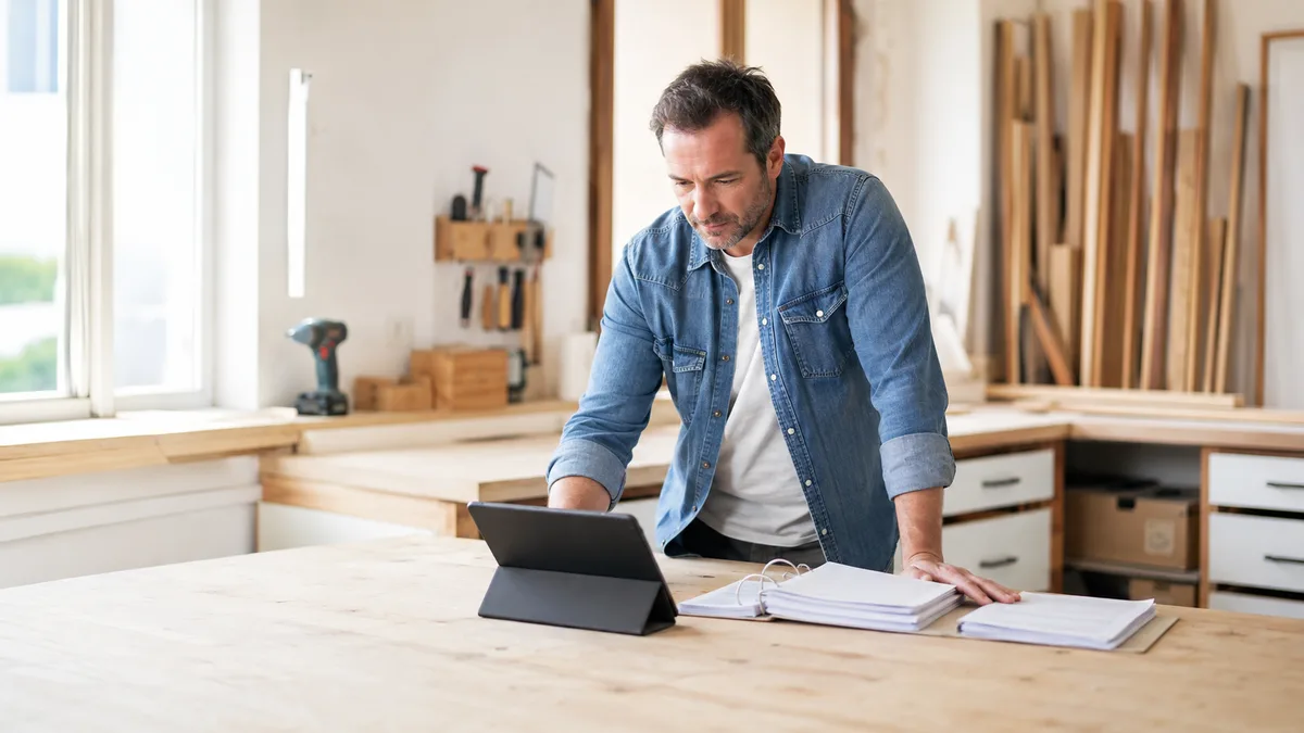 Artisan auto-entrepreneur consultant une tablette posée sur son établi, classeur et papiers de facturation à côté