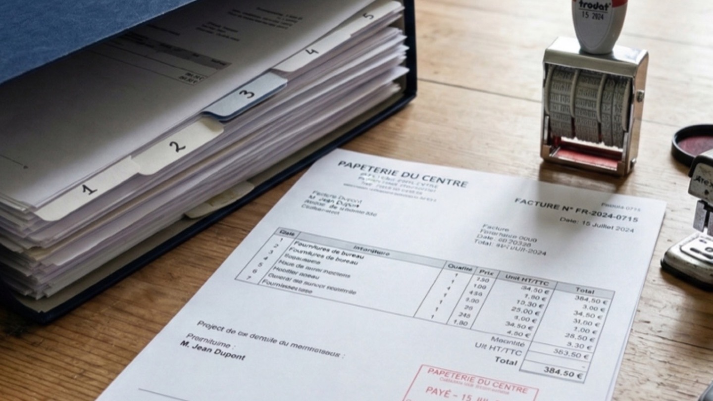 Classeur d'archives, facture payée et calculatrice sur une table de travail