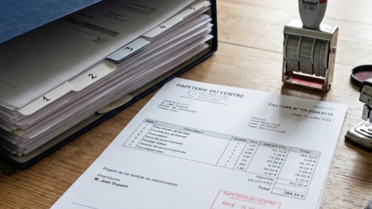 Classeur d'archives, facture payée et calculatrice sur une table de travail