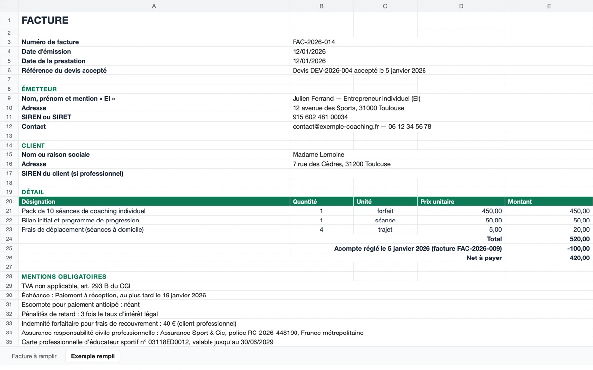 Aperçu du modèle de facture coach sportif au format tableur : pack de 10 séances, bilan initial, frais de déplacement, acompte déduit, et mentions obligatoires avec l'assurance et la carte professionnelle