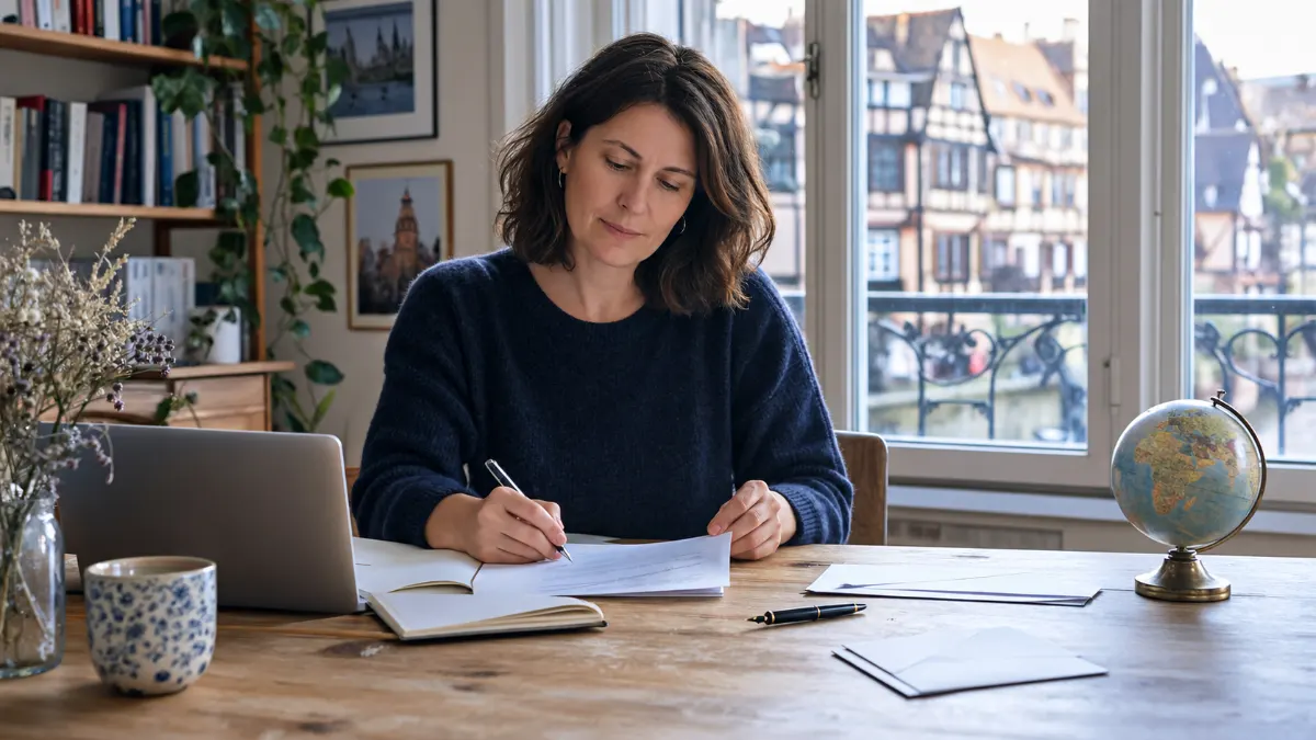 Indépendante préparant un courrier pour un client européen, enveloppes et globe sur une table en bois, façades à colombages de Strasbourg en arrière-plan