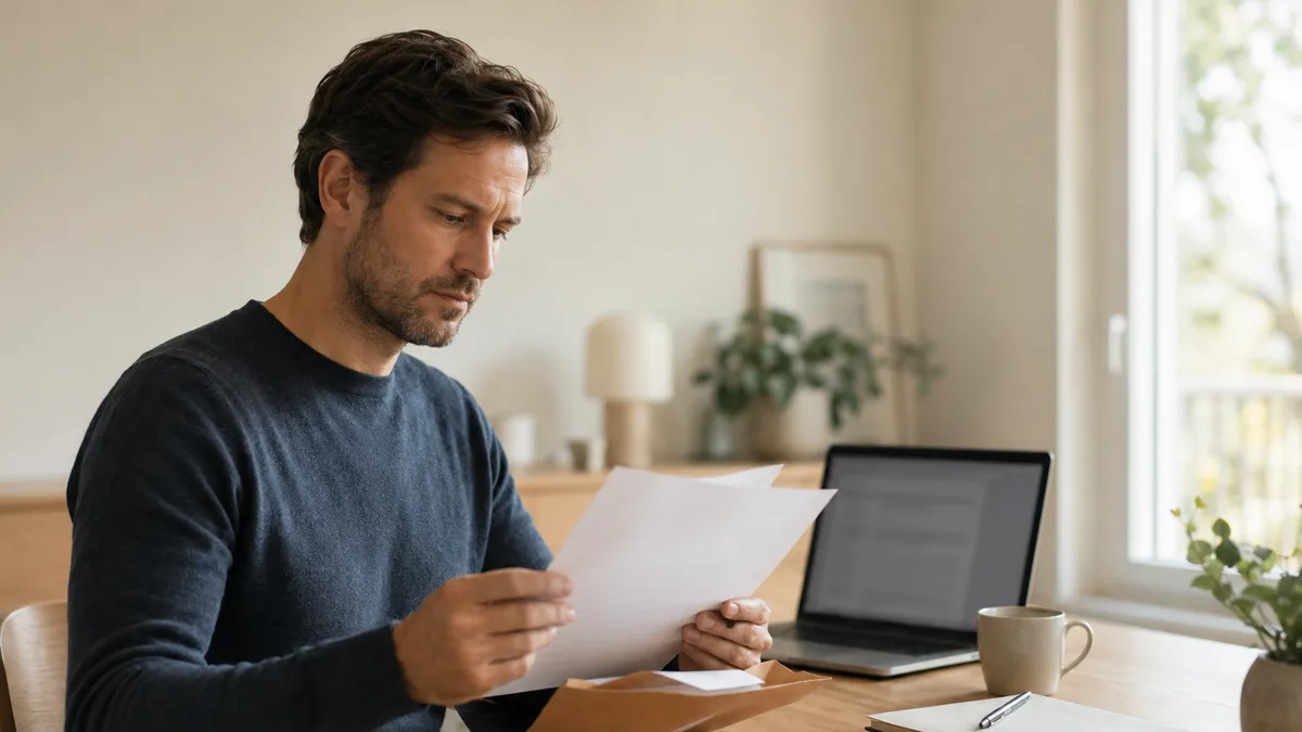 Auto-entrepreneur lisant un courrier administratif reçu après une déclaration Urssaf oubliée