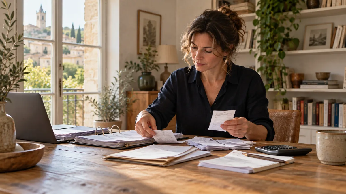 Consultante indépendante triant ses factures d'achats et ses justificatifs sur une table en bois, près d'une fenêtre