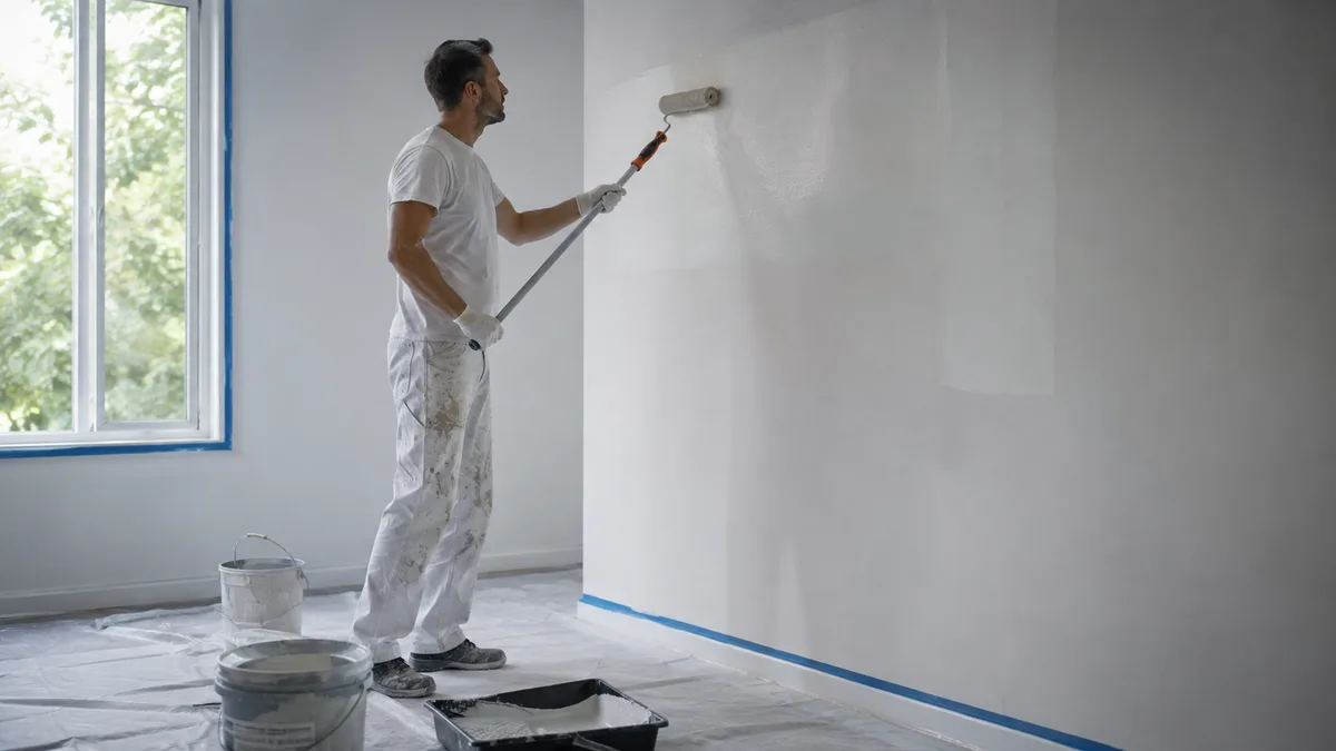 Peintre en bâtiment auto-entrepreneur appliquant une peinture claire au rouleau sur le mur d'un logement, bâche et pots au sol