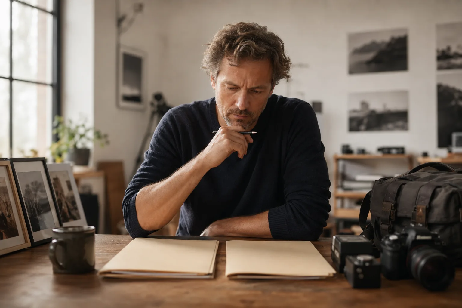 Photographe en studio comparant un contrat de prestation et un tirage d'art signé