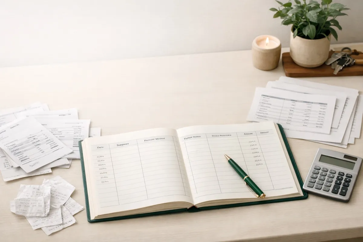 Factures fournisseurs, tickets et registre des achats posés sur un bureau