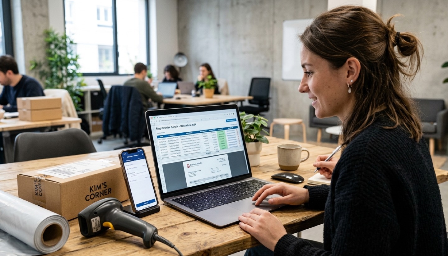 Registre des achats numérique avec factures fournisseurs, colis et suivi des achats payés pour auto-entrepreneur en vente de marchandises