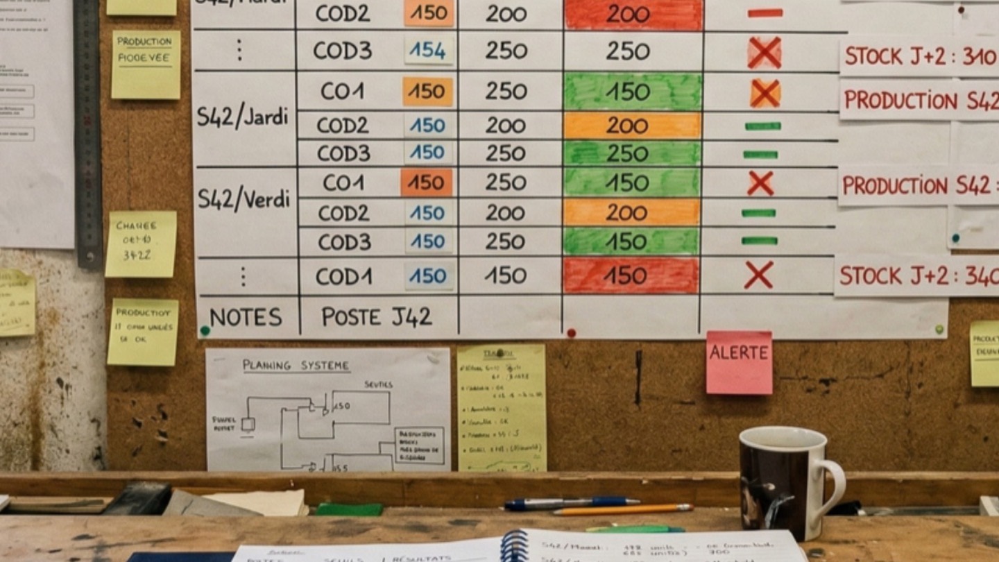 Tableau de suivi des seuils et carnet de calcul posés sur un établi