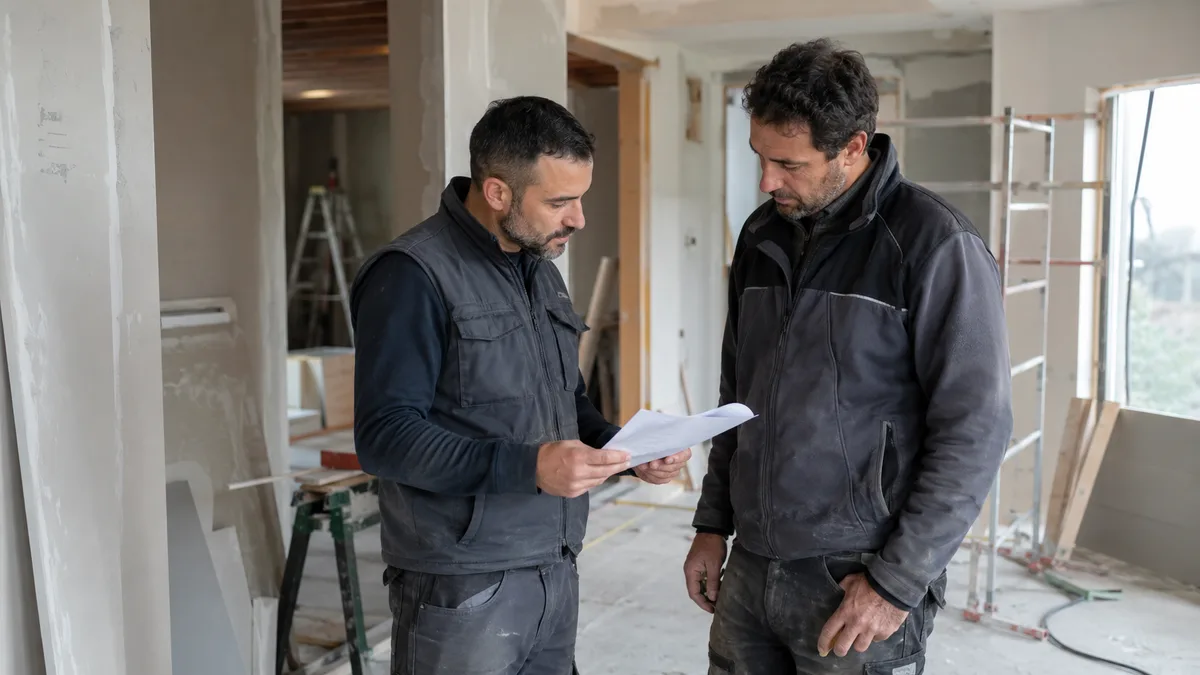 Artisan auto-entrepreneur sous-traitant vérifiant son contrat de sous-traitance sur un chantier de rénovation