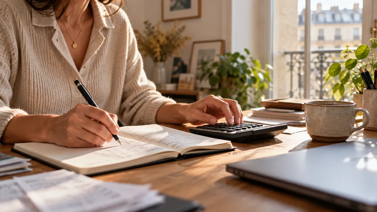 Freelance calculant son tarif journalier avec une calculatrice et un carnet sur un bureau en bois, lumière du matin
