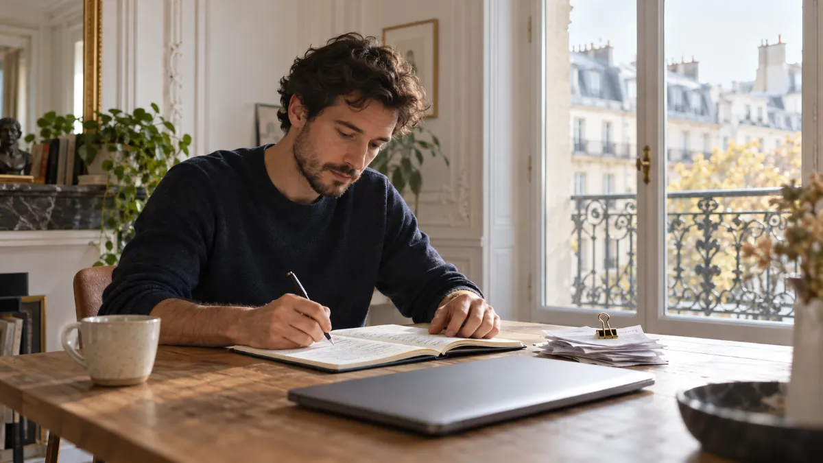 Développeur freelance relisant ses comptes de TVA sur un carnet, ordinateur portable fermé, dans un appartement parisien lumineux