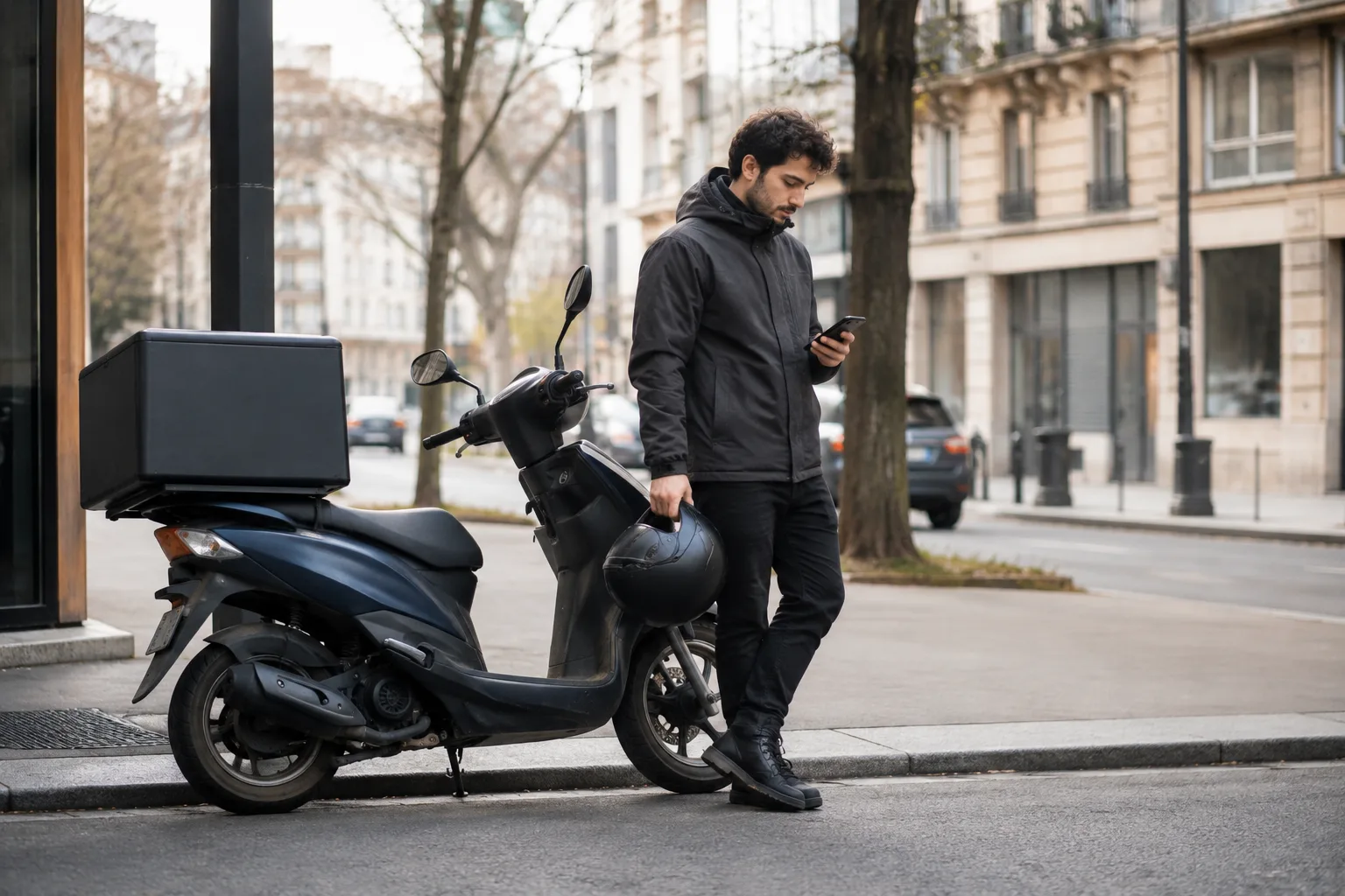 Livreur à scooter consultant ses revenus de plateforme sur son téléphone, sac de livraison à l'arrière