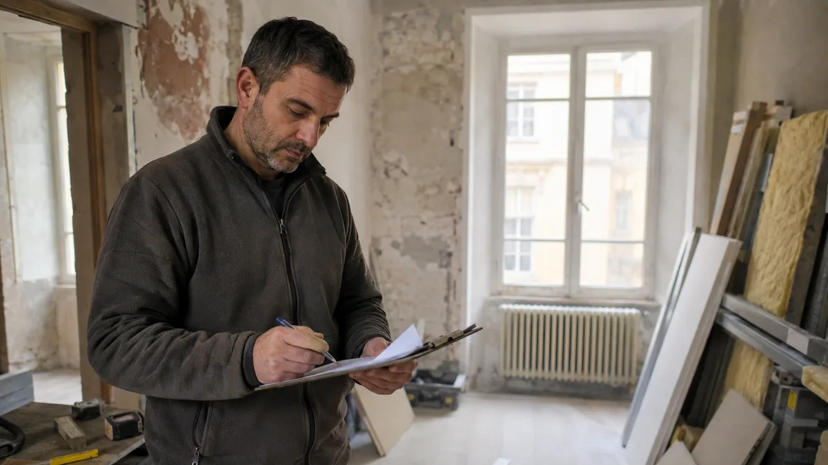 Artisan auto-entrepreneur vérifiant le taux de TVA à porter sur un devis de rénovation dans un logement en travaux