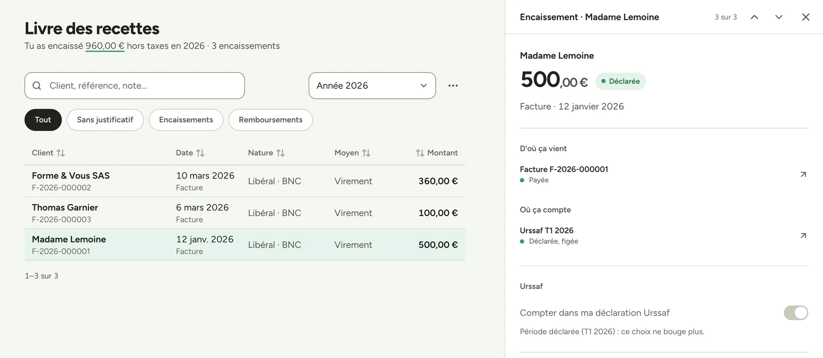 Recette d'un pack de 10 séances de coaching dans le livre des recettes FluxMicro : 500 € encaissés le 12 janvier 2026, base Urssaf activité libérale BNC, inclus dans le 1er trimestre 2026